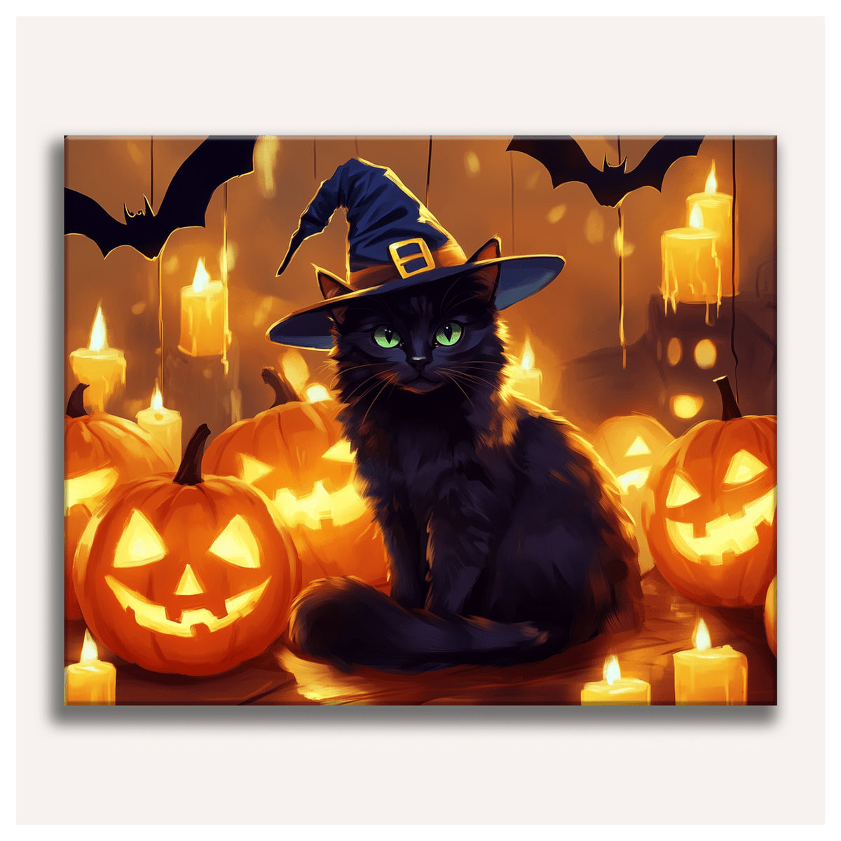Peinture par numéro adulte Chat Noir aux Citrouilles, visuel complet du design sur toile, Maison Artsen