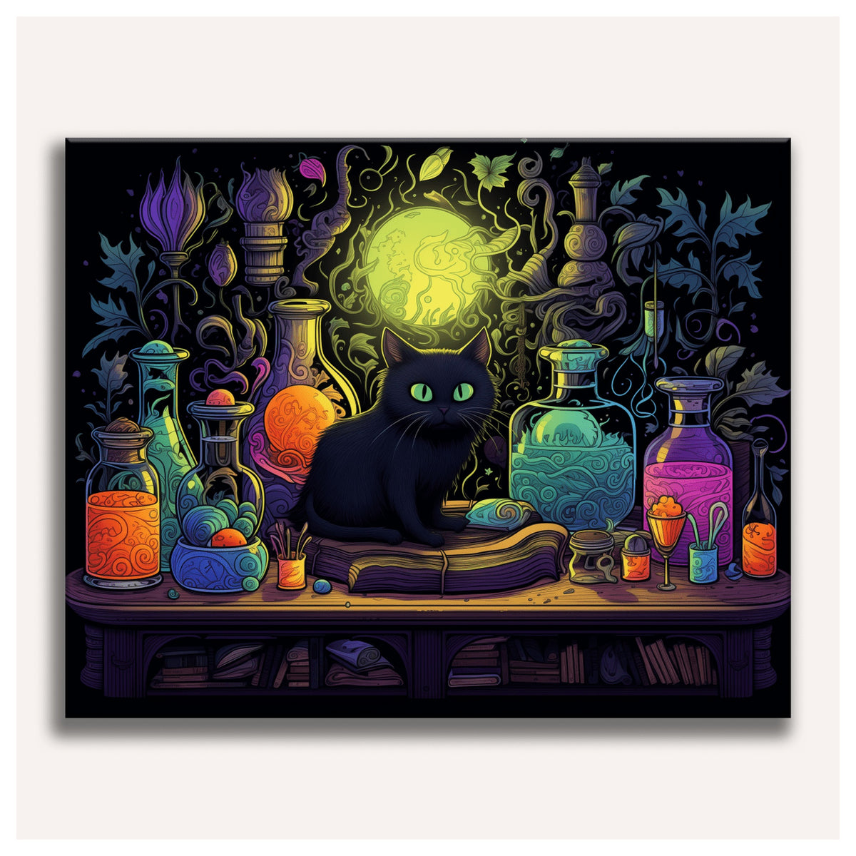 Peinture par numéro adulte Chat Noir et Potions, visuel complet du design sur toile, Maison Artsen