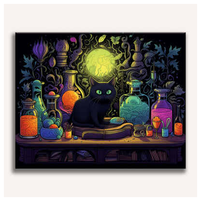 Peinture par numéro adulte Chat Noir et Potions, visuel complet du design sur toile, Maison Artsen
