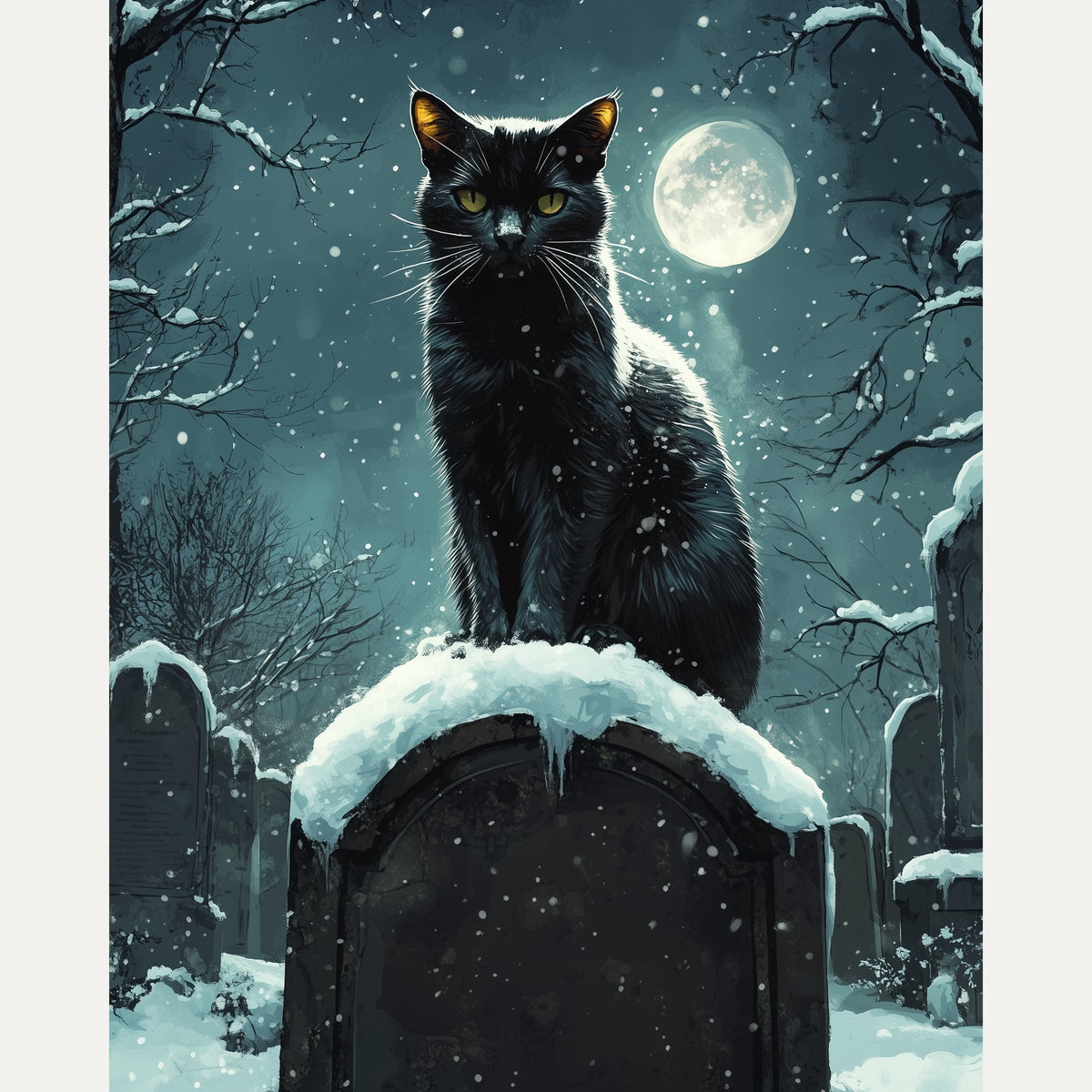 Peinture par numéro adulte Chat Noir sous la Neige, visuel complet du design — Maison Artsen