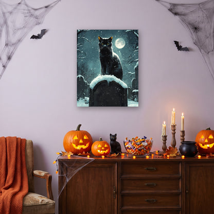 Tableau peinture par numéro Chat Noir sous la Neige accroché dans un salon décoré pour Halloween — Maison Artsen