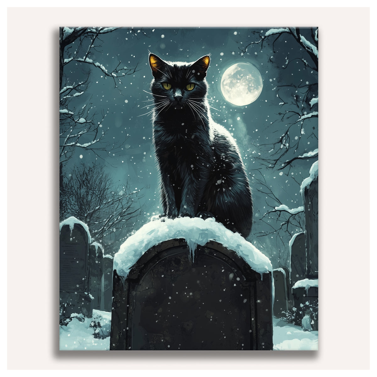Peinture par numéro adulte Chat Noir sous la Neige, toile tendue vue de face — Maison Artsen