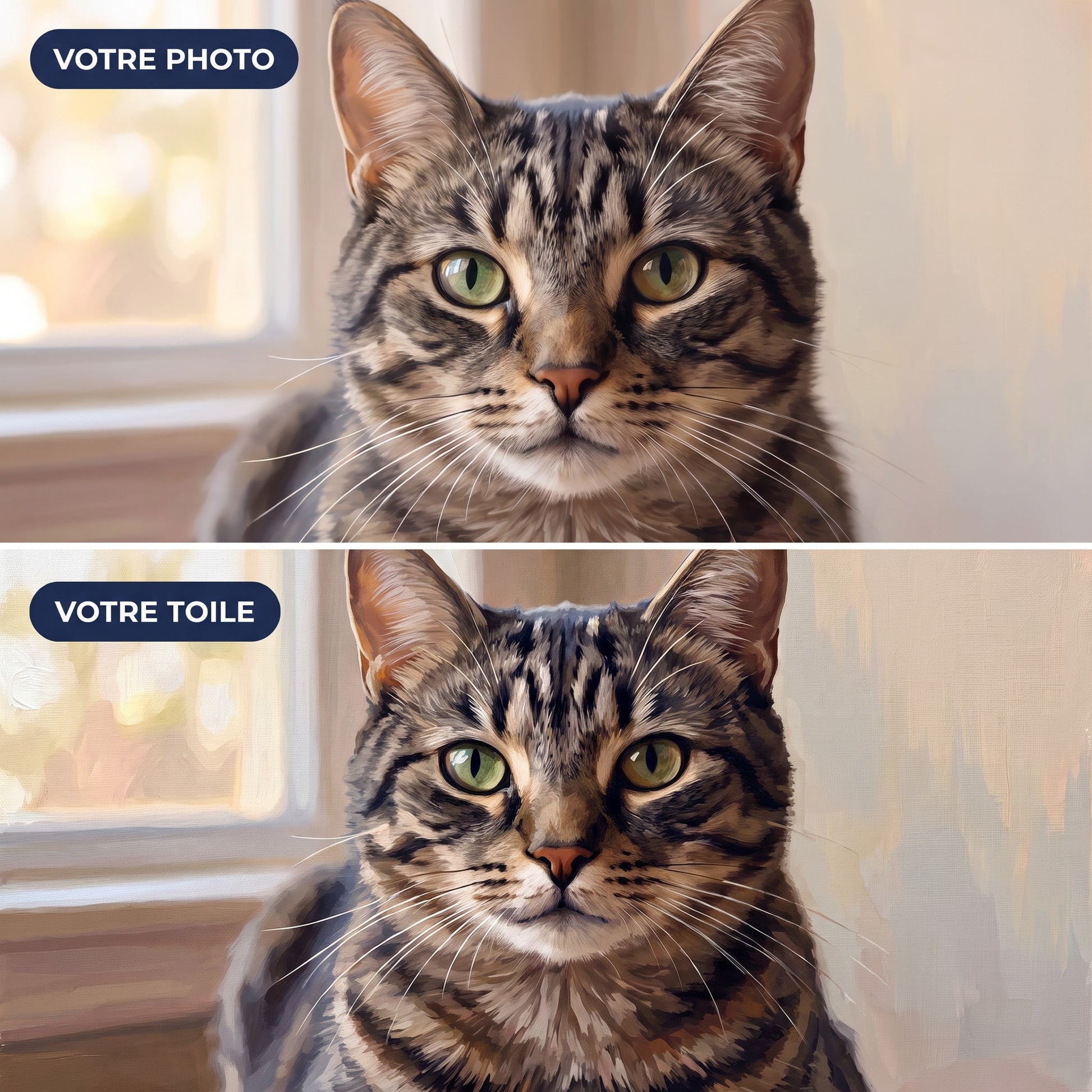 Avant après : photo d'un chat tigré transformée en peinture par numéro personnalisée