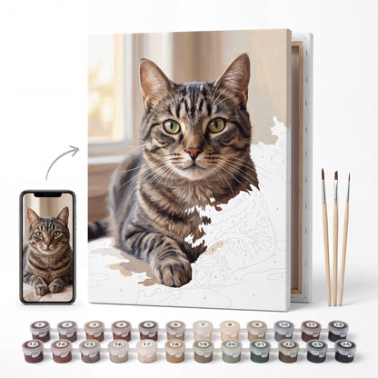 Peinture par numéro personnalisée d'un chat d'après photo, toile 30x40 cm à moitié peinte avec pinceaux et pots numérotés