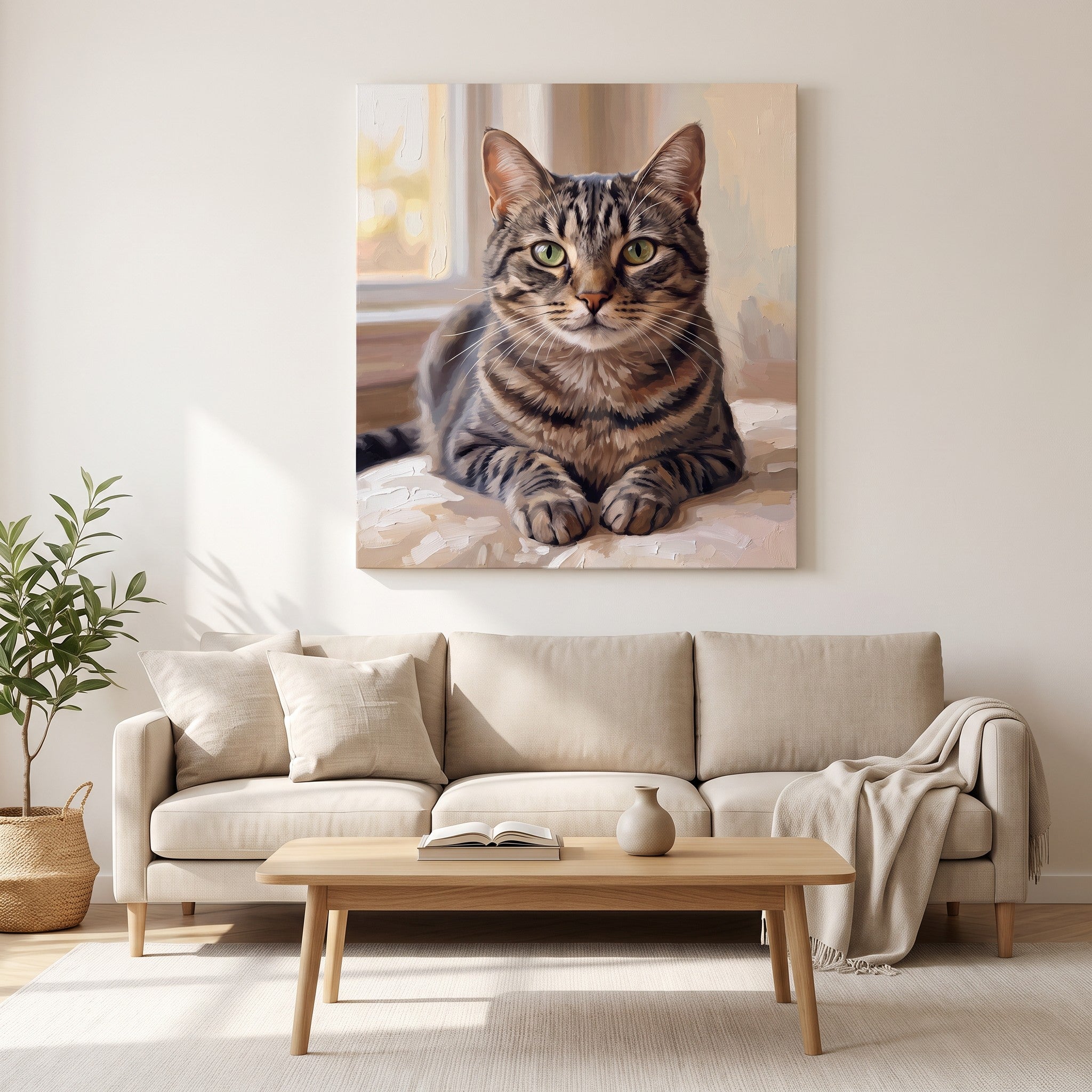 Portrait de chat peint par numéro, accroché au-dessus d'un canapé dans un salon clair