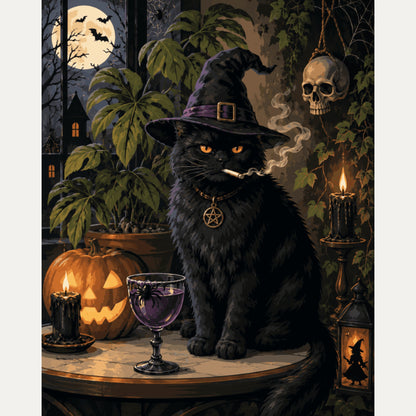Peinture par numéro adulte Chat Sorcier, visuel complet du design — Maison Artsen