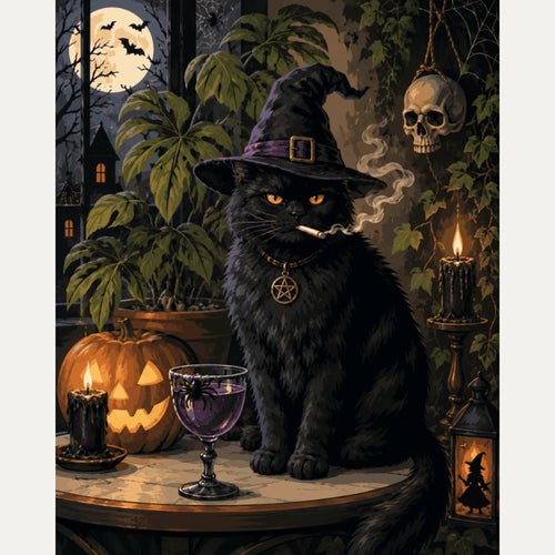 Peinture par numéro adulte Chat Sorcier, visuel complet du design — Maison Artsen