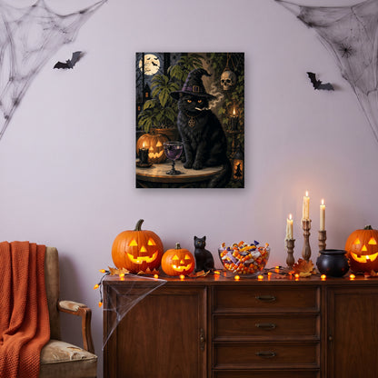 Tableau peinture par numéro Chat Sorcier accroché dans un salon décoré pour Halloween — Maison Artsen