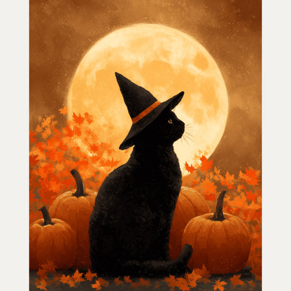 Peinture par numéro adulte Chat sous la Lune, visuel complet du design — Maison Artsen