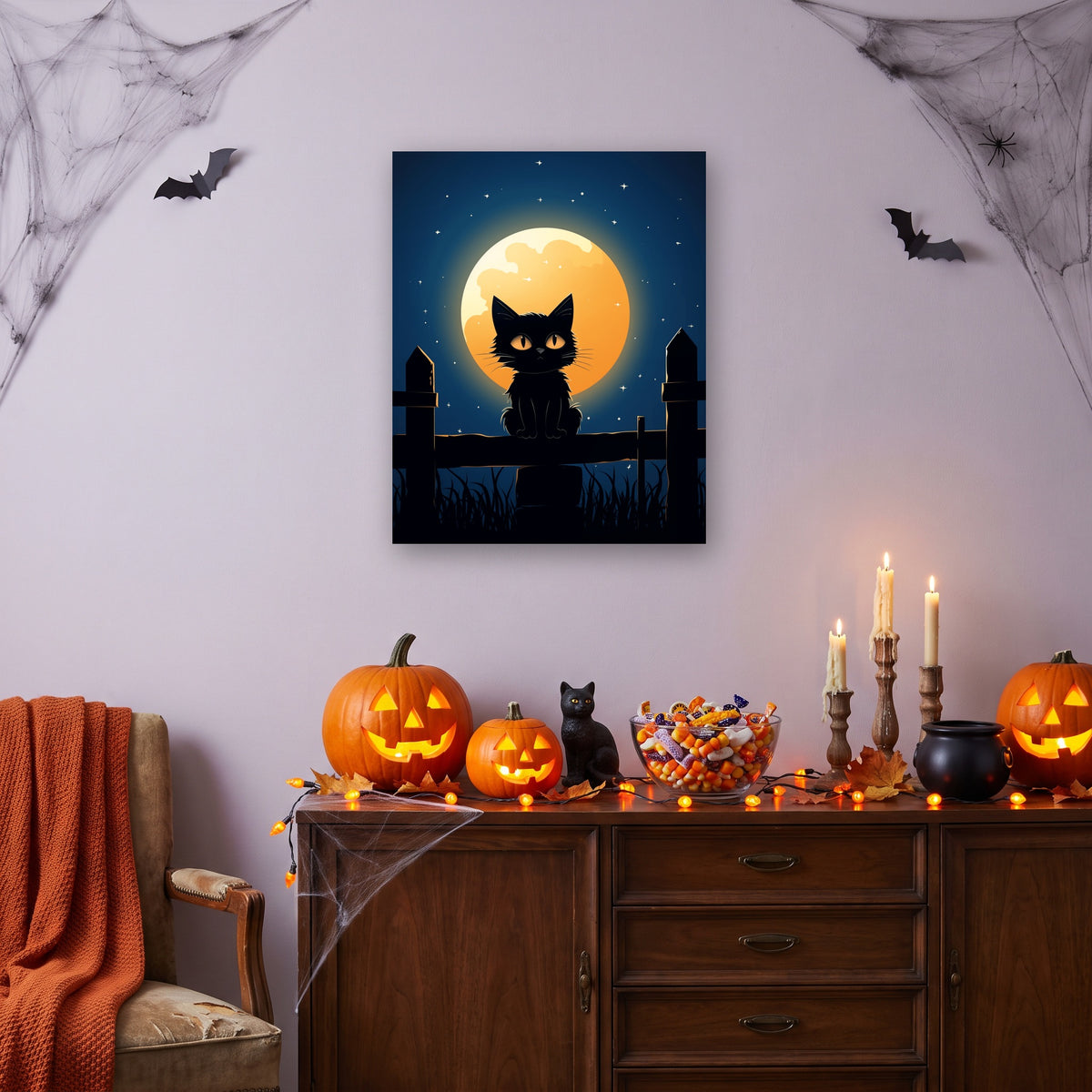 Tableau peinture par numéro Chat sur la Clôture accroché dans un intérieur décoré, Maison Artsen