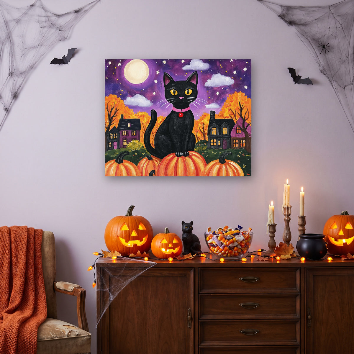 Tableau peinture par numéro Chat sur les Citrouilles accroché dans un salon décoré pour Halloween — Maison Artsen