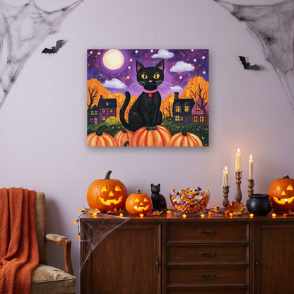 Tableau peinture par numéro Chat sur les Citrouilles accroché dans un salon décoré pour Halloween — Maison Artsen