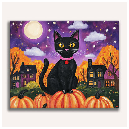 Peinture par numéro adulte Chat sur les Citrouilles, toile tendue vue de face — Maison Artsen