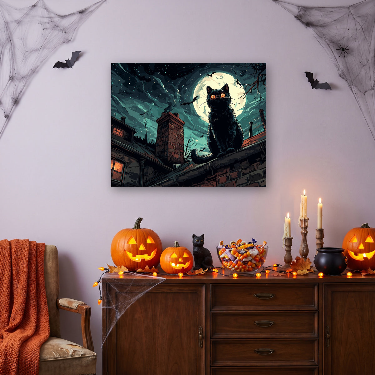Tableau peinture par numéro Chat sur les Toits accroché dans un salon décoré pour Halloween — Maison Artsen