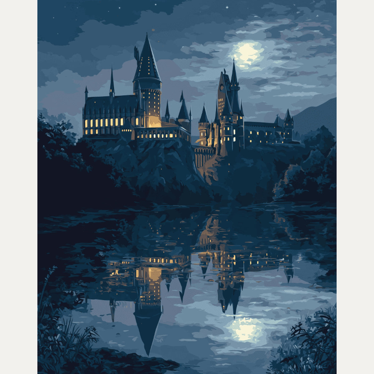 Peinture par numéro adulte Château au Clair de Lune, visuel complet du design — Maison Artsen