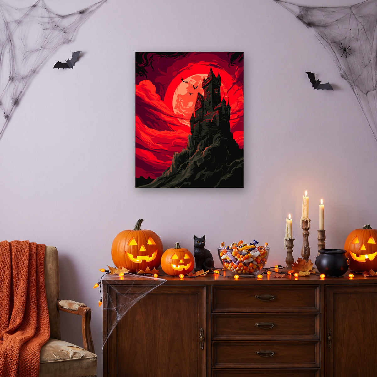 Tableau peinture par numéro Château du Vampire accroché dans un salon décoré pour Halloween — Maison Artsen