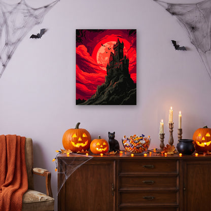 Tableau peinture par numéro Château du Vampire accroché dans un salon décoré pour Halloween — Maison Artsen