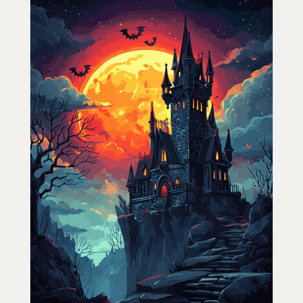 Peinture par numéro adulte Château sous la Lune, visuel complet du design — Maison Artsen