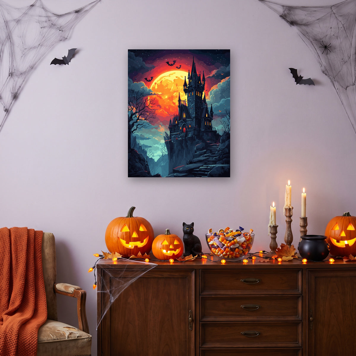 Tableau peinture par numéro Château sous la Lune accroché dans un salon décoré pour Halloween — Maison Artsen