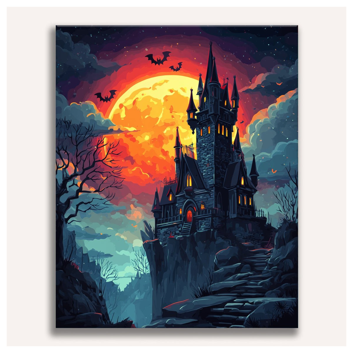 Peinture par numéro adulte Château sous la Lune, toile tendue vue de face — Maison Artsen