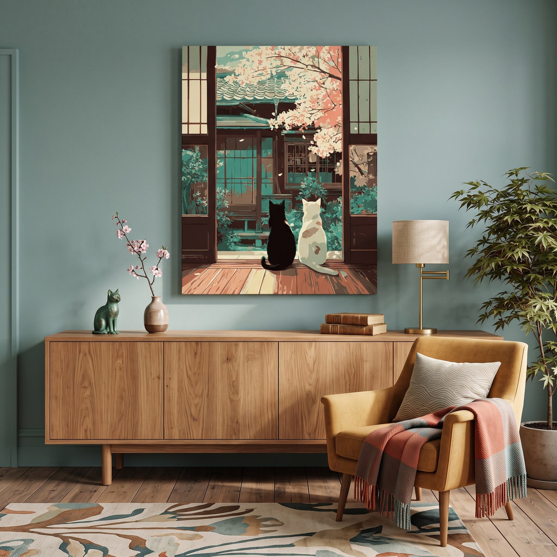 Tableau peinture par numéro Chats au Jardin Japonais accroché dans un intérieur décoré — Maison Artsen