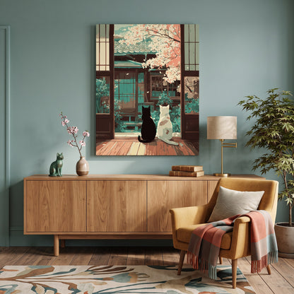 Tableau peinture par numéro Chats au Jardin Japonais accroché dans un intérieur décoré — Maison Artsen