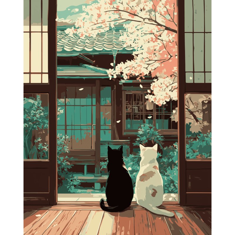 Modèle à peindre Chats au Jardin Japonais, peinture par numéro 30×40 cm — Maison Artsen