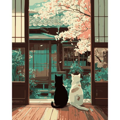 Modèle à peindre Chats au Jardin Japonais, peinture par numéro 30×40 cm — Maison Artsen