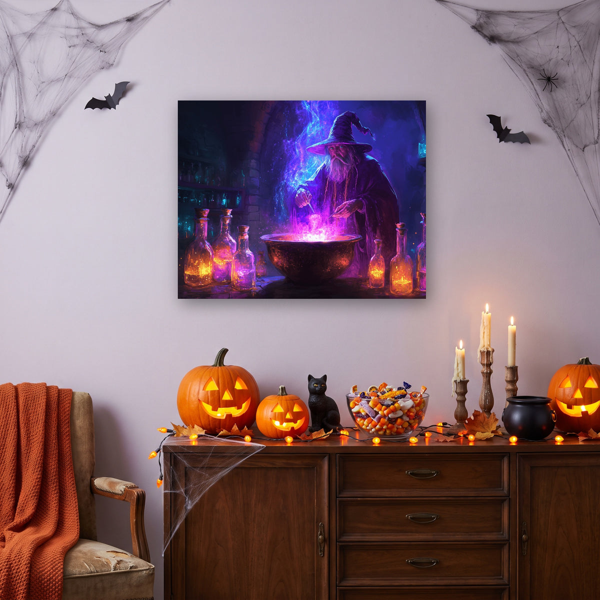 Tableau peinture par numéro Chaudron de Lumière accroché dans un salon décoré pour Halloween — Maison Artsen