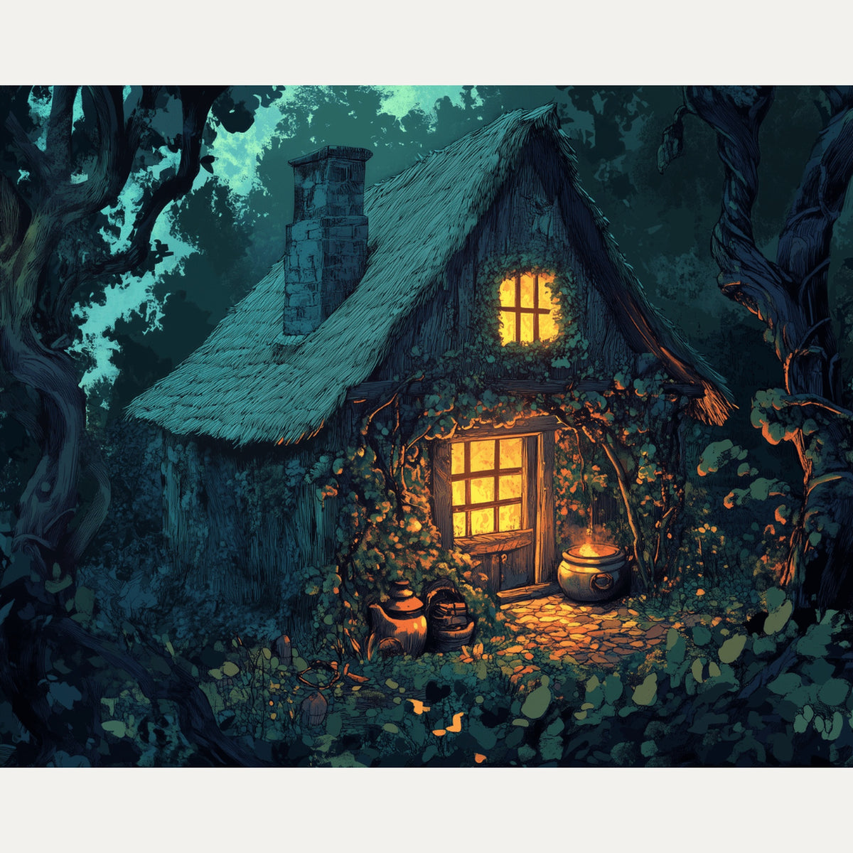 Peinture par numéro adulte Chaumière dans les Bois, visuel complet du design — Maison Artsen