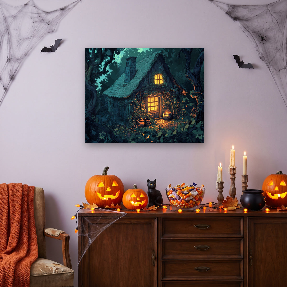 Tableau peinture par numéro Chaumière dans les Bois accroché dans un salon décoré pour Halloween — Maison Artsen