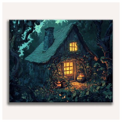 Peinture par numéro adulte Chaumière dans les Bois, toile tendue vue de face — Maison Artsen