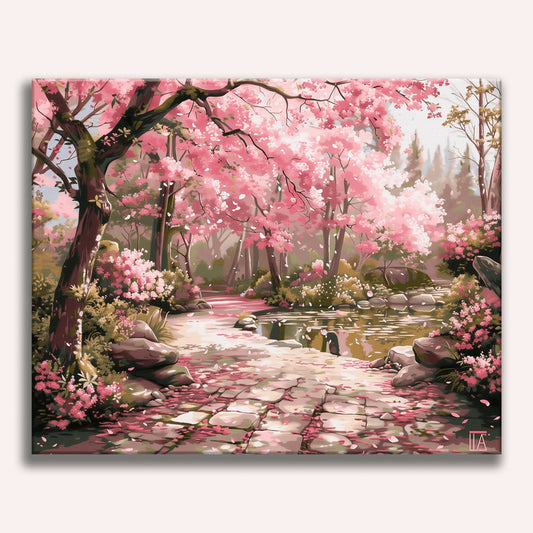 Peinture par numéro adulte Chemin de pierre aux cerisiers, toile tendue 30×40 cm — Maison Artsen