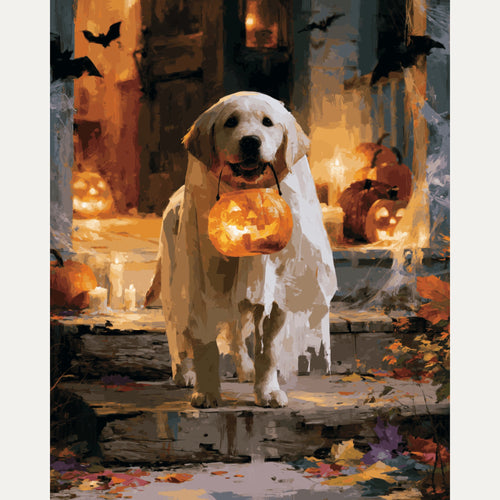 Peinture par numéro adulte Chien Fantôme, visuel complet du design — Maison Artsen