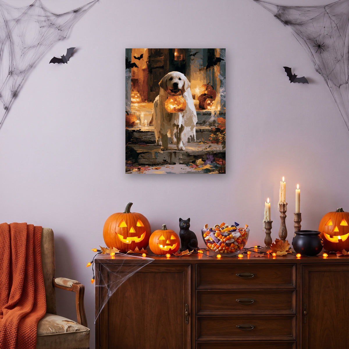 Tableau peinture par numéro Chien Fantôme accroché dans un salon décoré pour Halloween — Maison Artsen