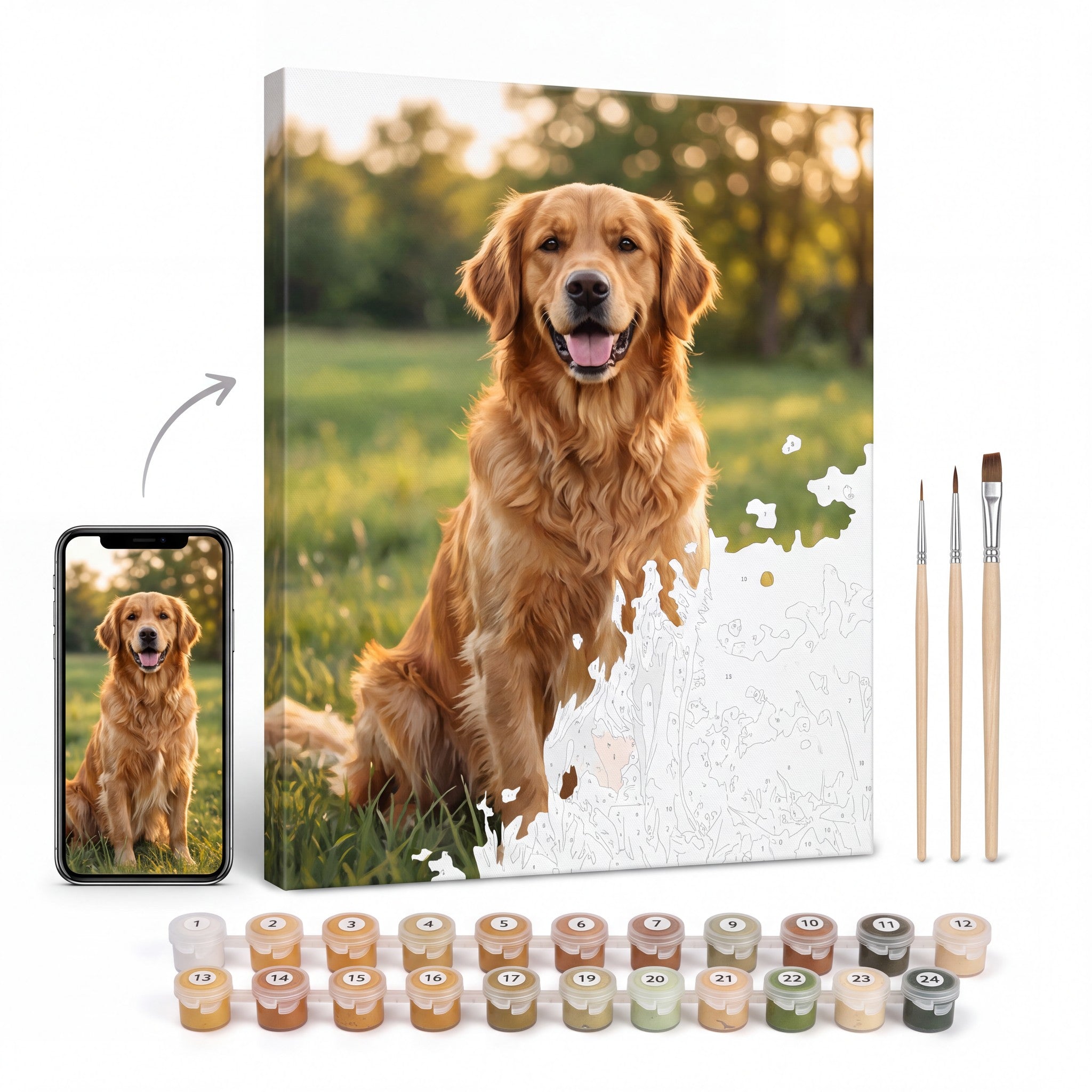 Peinture par numéro personnalisée d'un chien d'après photo, toile 30x40 cm à moitié peinte avec pinceaux et pots numérotés