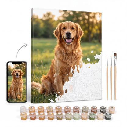 Peinture par numéro personnalisée d'un chien d'après photo, toile 30x40 cm à moitié peinte avec pinceaux et pots numérotés