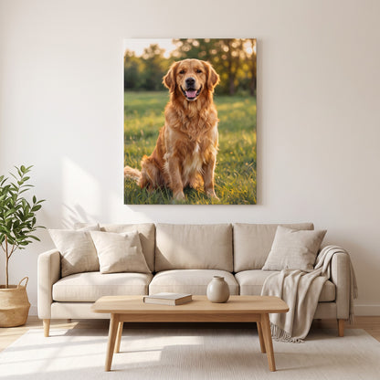 Portrait de chien peint par numéro, accroché au-dessus d'un canapé dans un salon clair