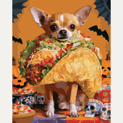 Peinture par numéro adulte Chihuahua en Taco, visuel complet du design — Maison Artsen