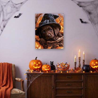 Tableau peinture par numéro Chiot Chocolat Sorcier accroché dans un salon décoré pour Halloween — Maison Artsen