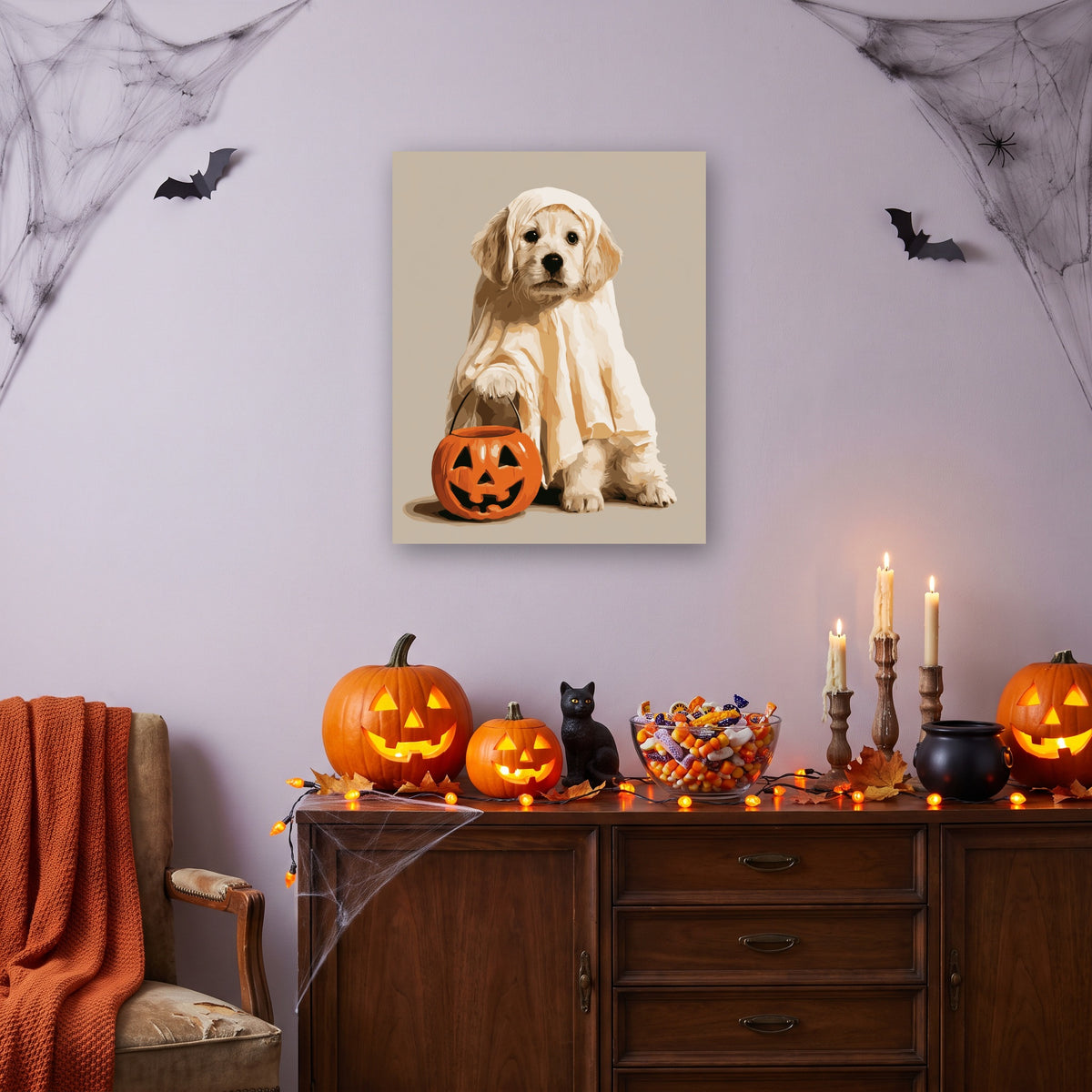 Tableau peinture par numéro Chiot Fantôme accroché dans un salon décoré pour Halloween — Maison Artsen