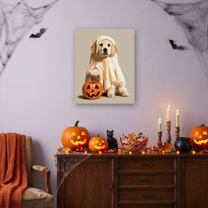 Tableau peinture par numéro Chiot Fantôme accroché dans un salon décoré pour Halloween — Maison Artsen