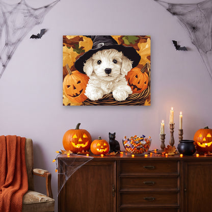 Tableau peinture par numéro Chiot Sorcier accroché dans un salon décoré pour Halloween — Maison Artsen