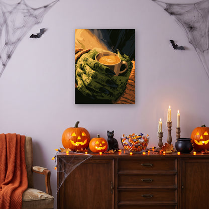 Tableau peinture par numéro Chocolat Chaud du Monstre accroché dans un salon décoré pour Halloween — Maison Artsen