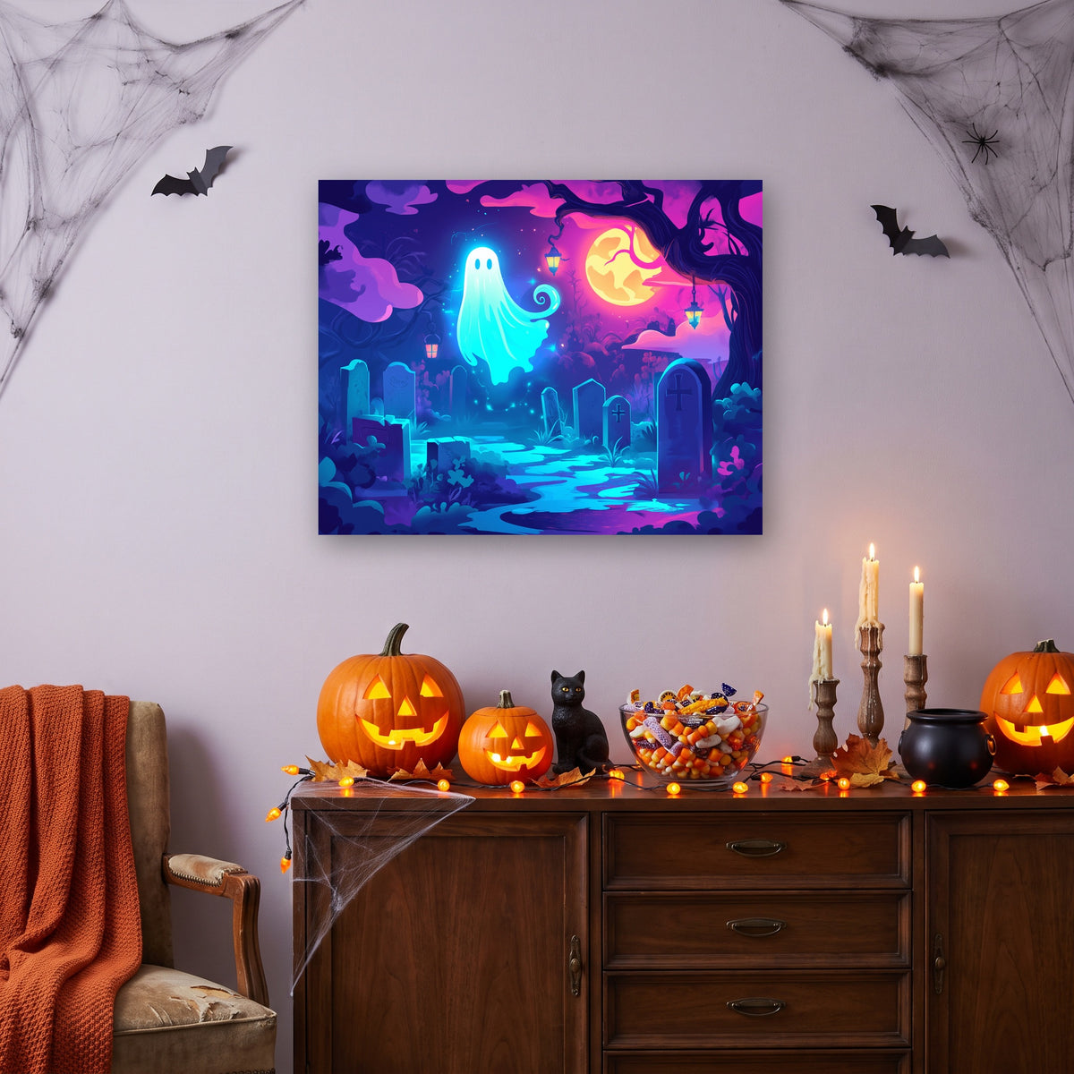 Tableau peinture par numéro Cimetière Néon accroché dans un intérieur décoré, Maison Artsen