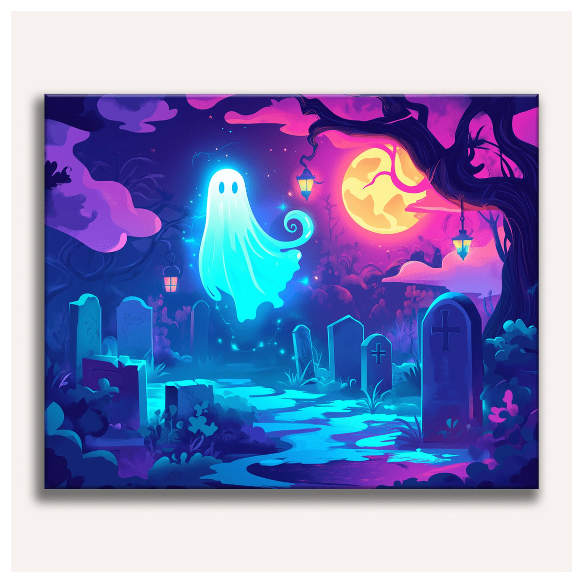 Peinture par numéro adulte Cimetière Néon, visuel complet du design sur toile, Maison Artsen