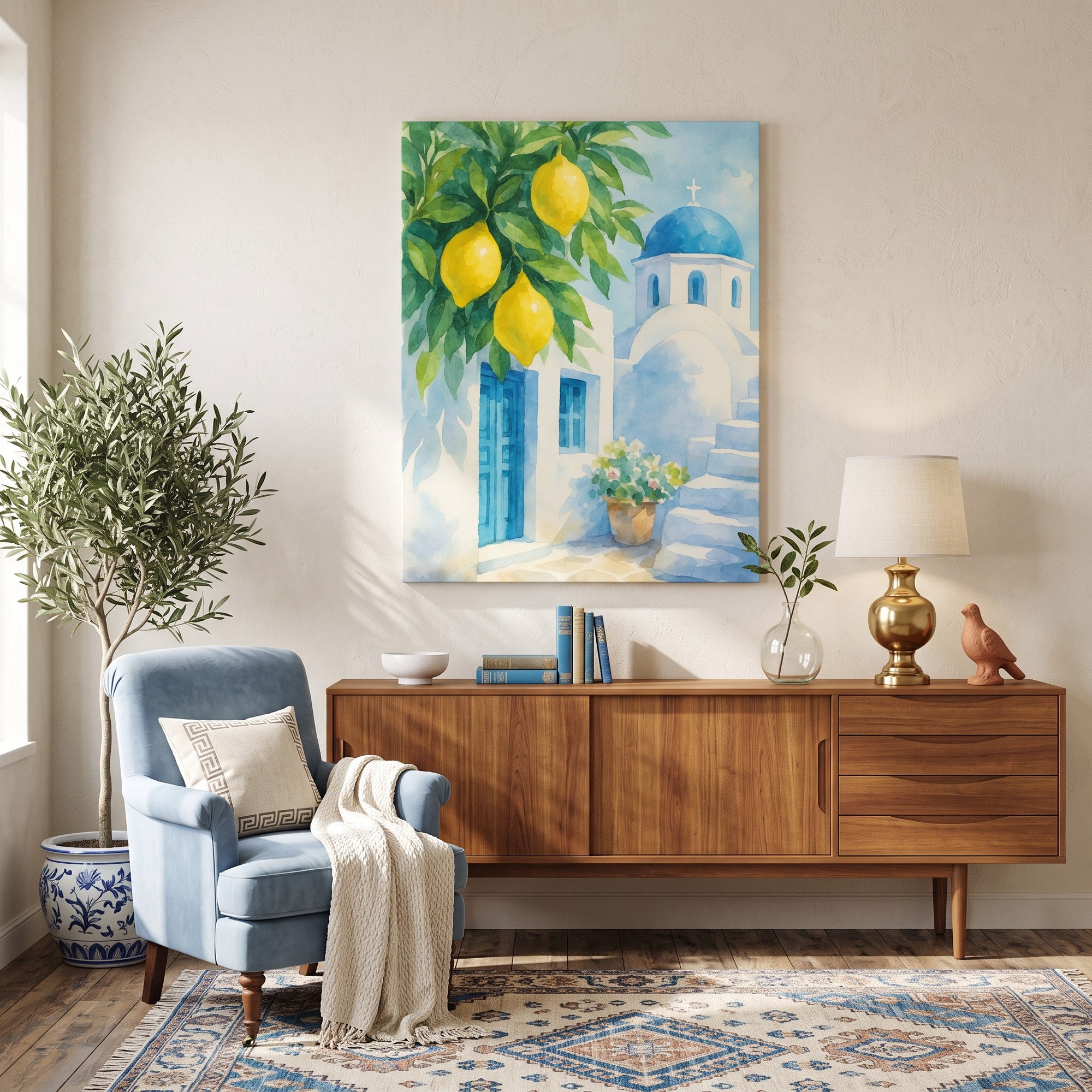 Tableau peinture par numéro Citrons de Santorin accroché dans un intérieur décoré — Maison Artsen