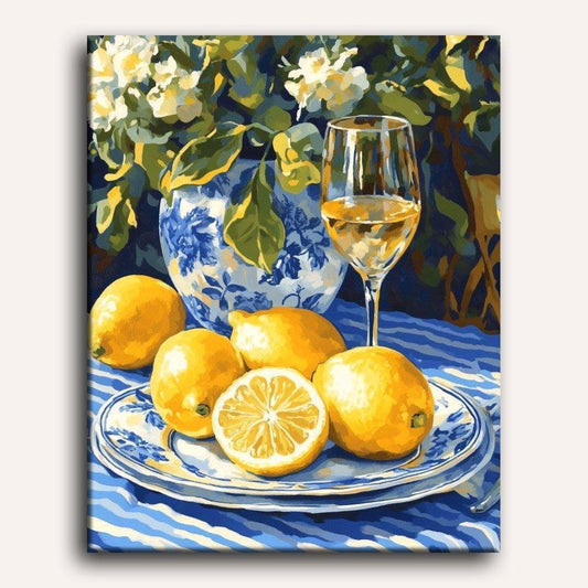Peinture par numéro adulte Citrons et vin blanc, toile tendue 30×40 cm — Maison Artsen