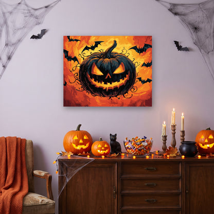 Tableau peinture par numéro Citrouille en Flammes accroché dans un salon décoré pour Halloween — Maison Artsen