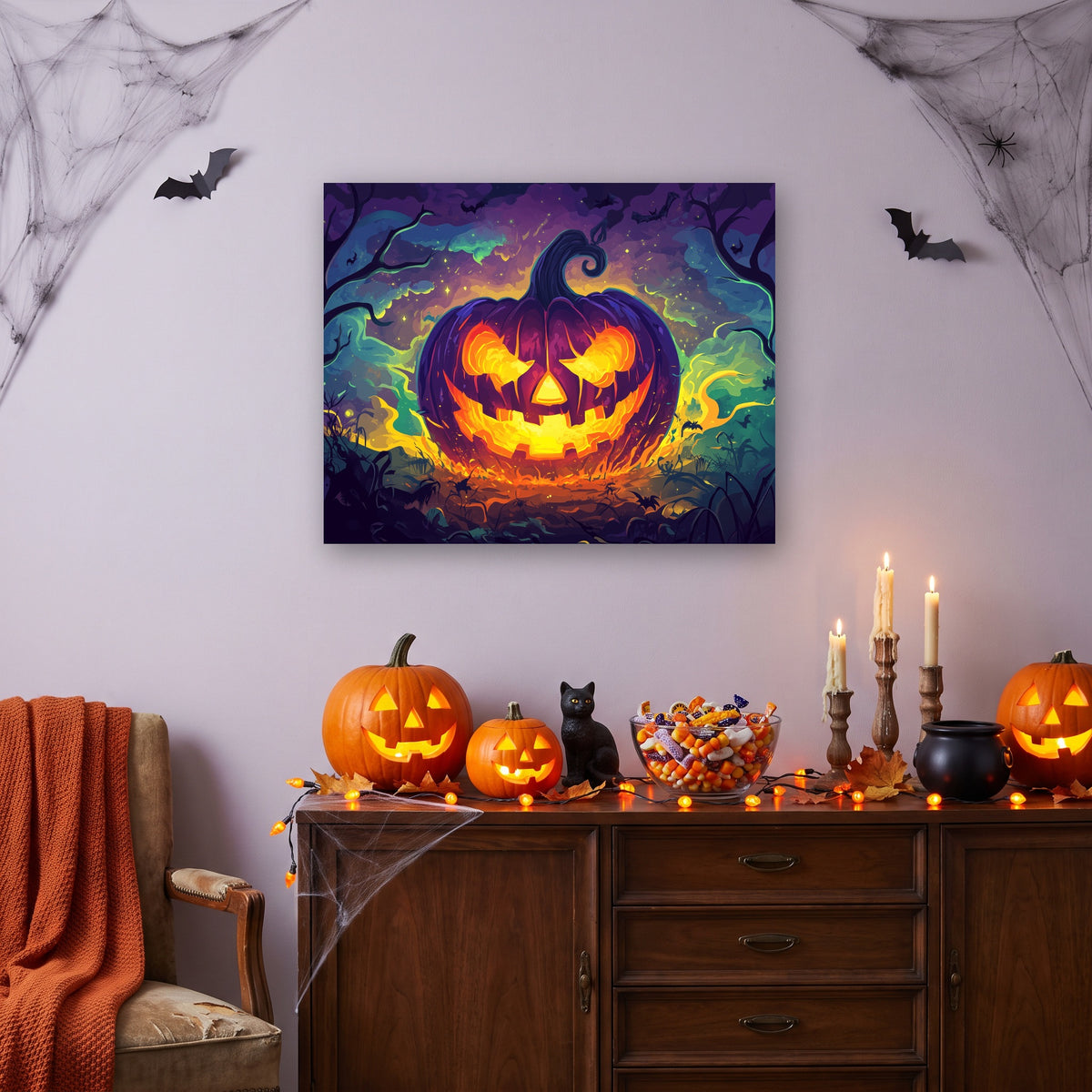 Tableau peinture par numéro Citrouille Flamboyante accroché dans un intérieur décoré, Maison Artsen